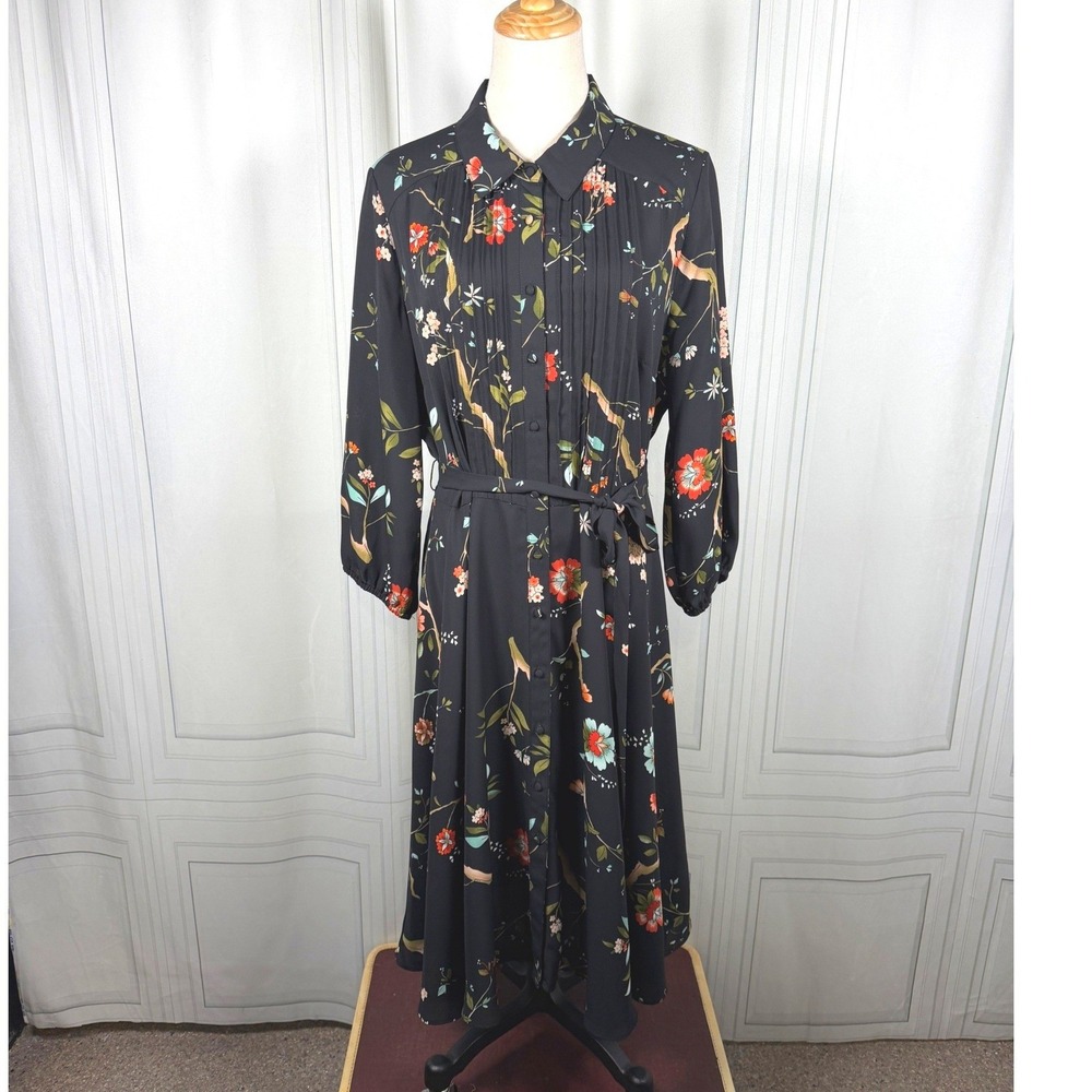 Nanette Lepore Floral Pleated Semi Sheer Midi Shirt Dress Black Size 12 Belted